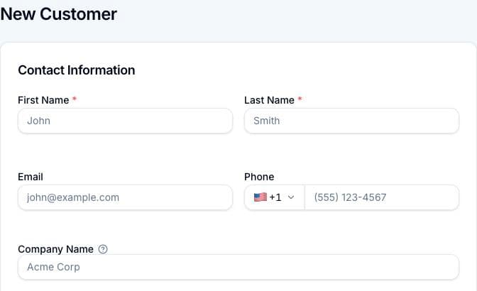 The New Customer form showing contact fields for a name, email, phone, and company.