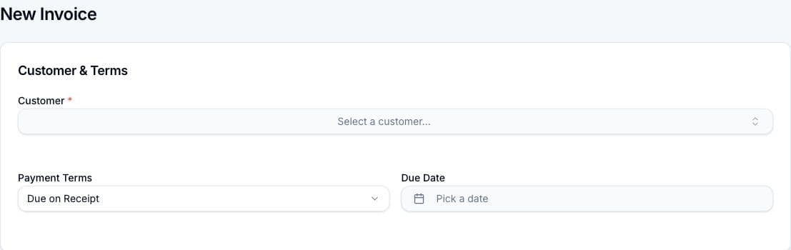 New Invoice with a Customer selector, Payment Terms, and Due Date.