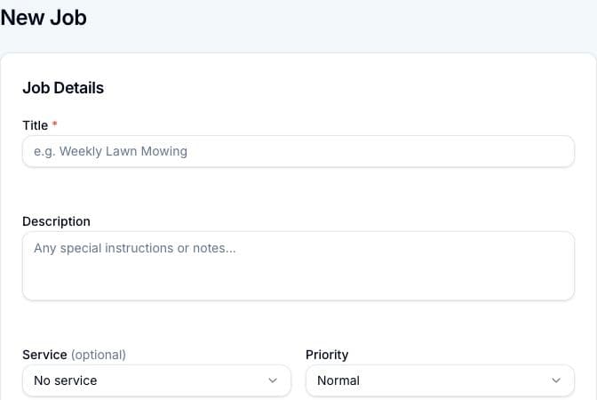 The New Job form showing Title, Description, Service, and Priority fields.