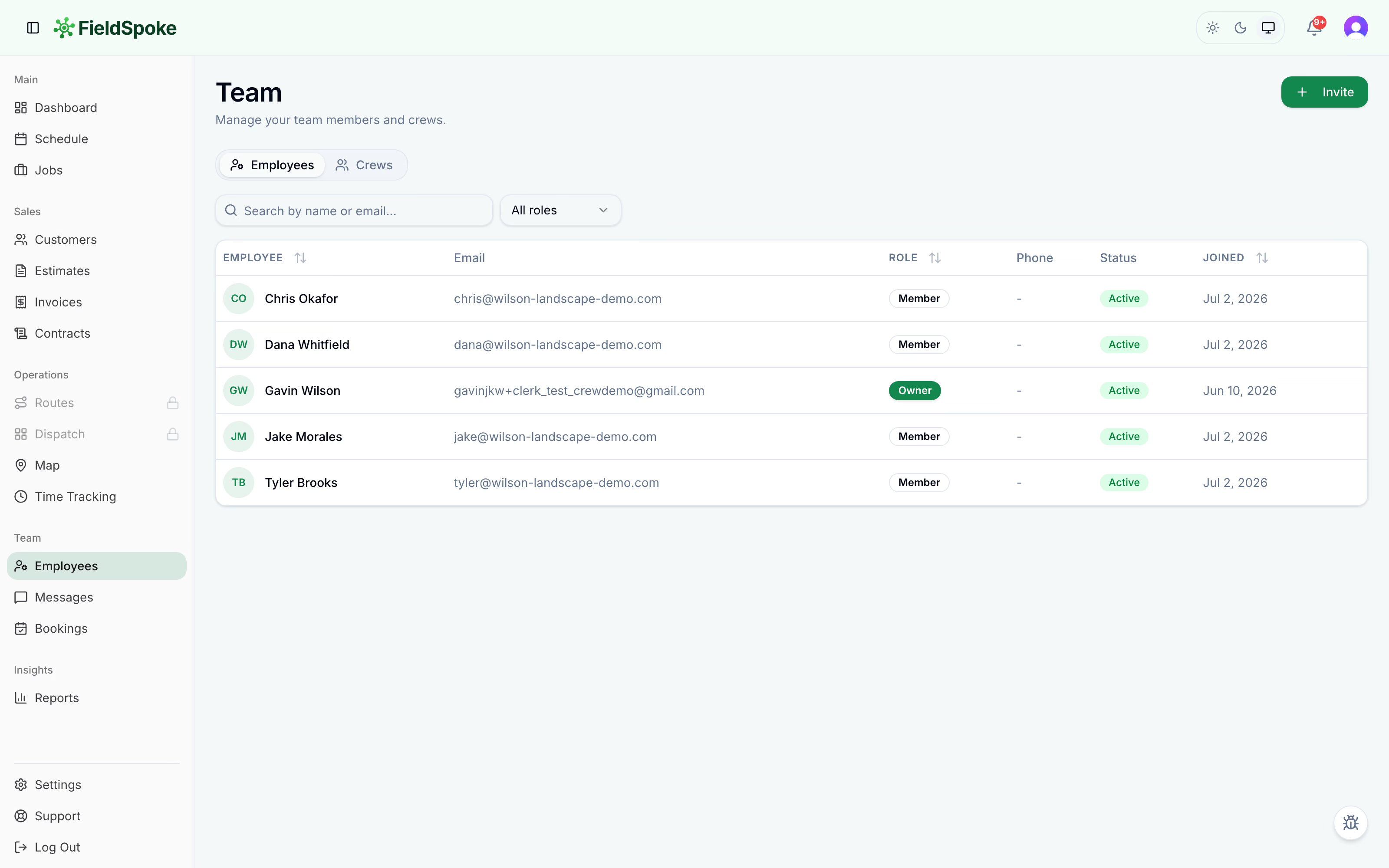 FieldSpoke team-management view listing five crew members with their roles and active status.