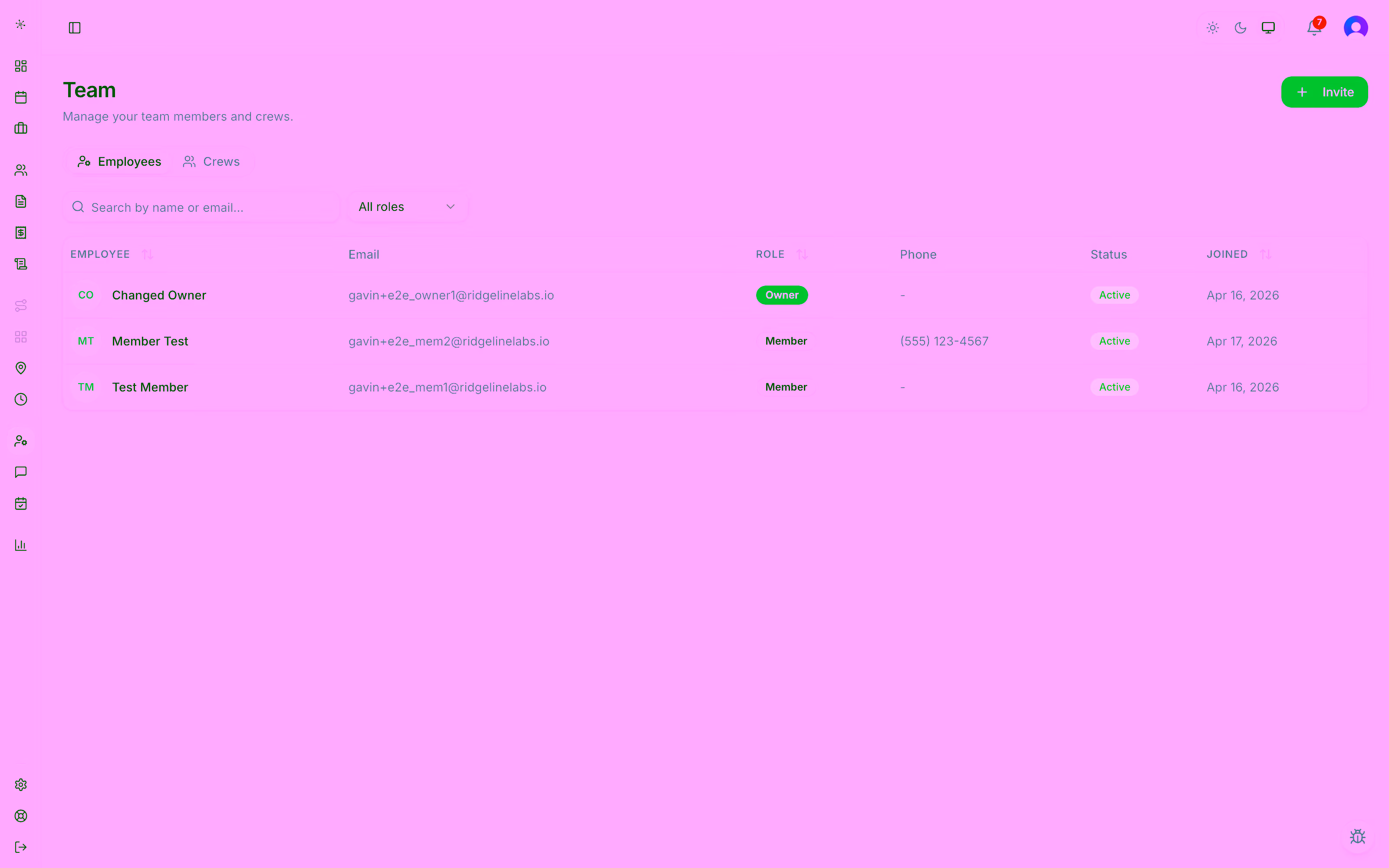 FieldSpoke team-management view listing four crew members with their roles and active jobs.