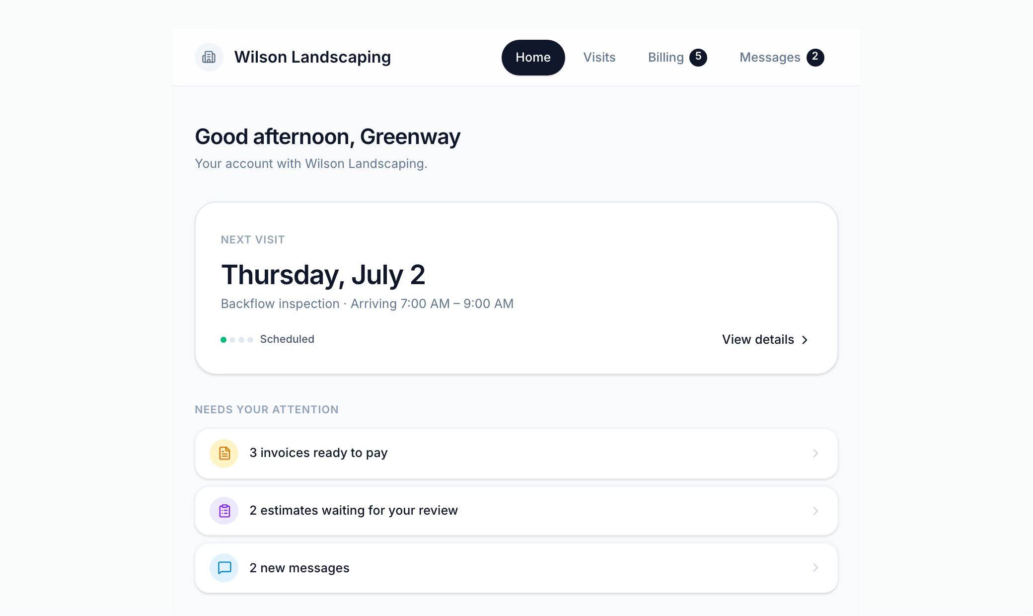 FieldSpoke customer portal home showing the next scheduled visit with its arrival window and a to-do list of invoices to pay, estimates to review, and new messages.