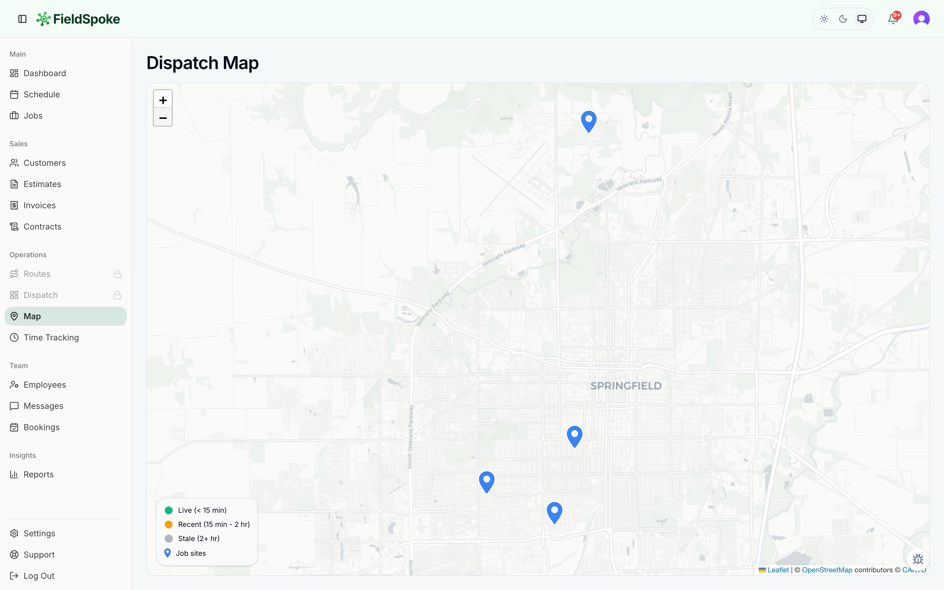 FieldSpoke dispatch map showing today's job sites pinned across Springfield, Illinois, with a legend for live, recent, and stale worker locations.