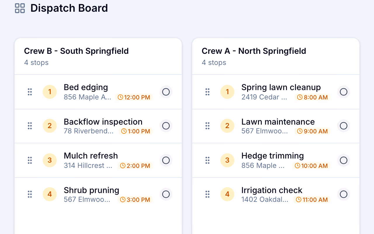 FieldSpoke dispatch board with two crew columns, Crew A North Springfield and Crew B South Springfield, each listing four numbered stops with addresses and start times.