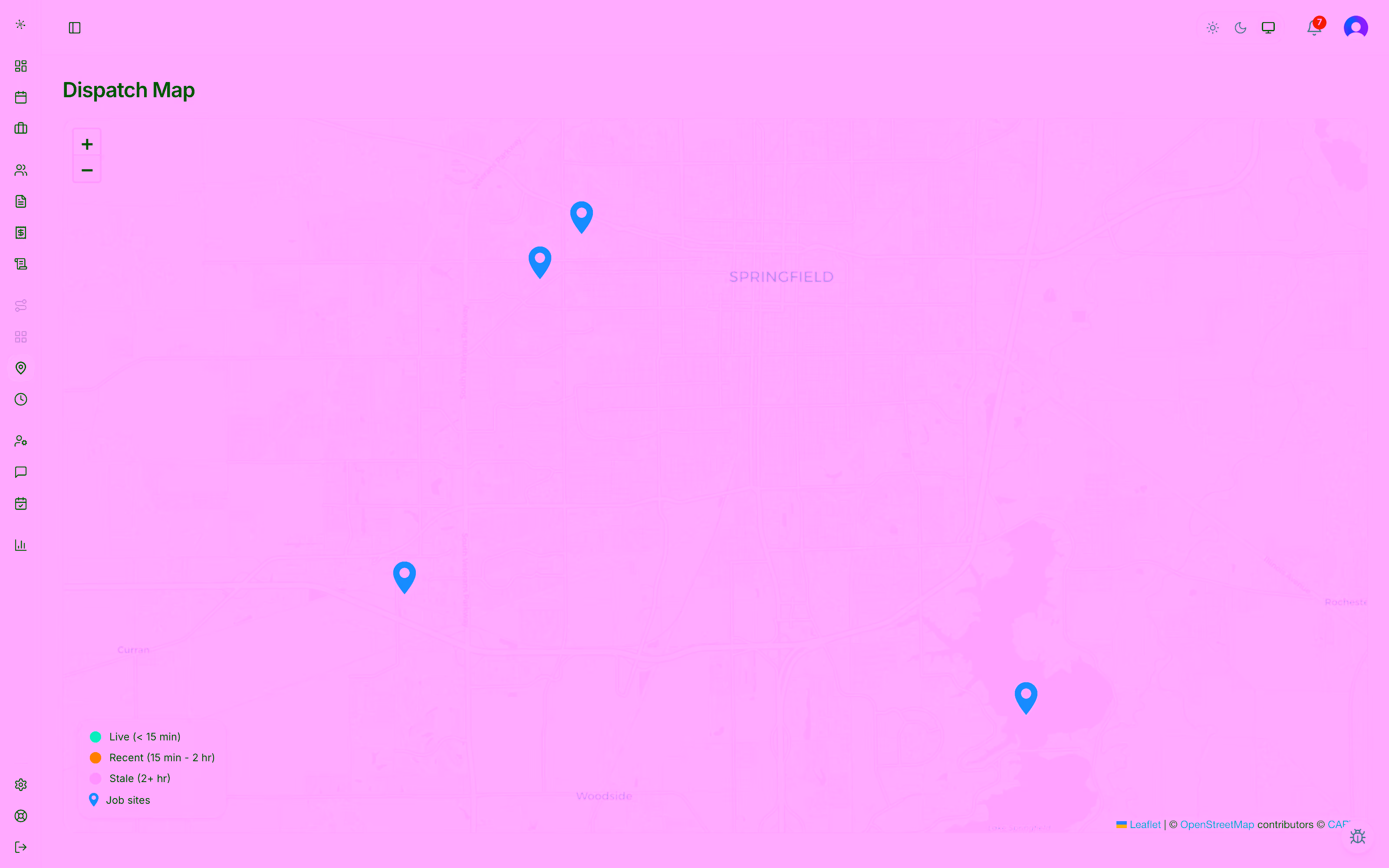 FieldSpoke dispatch map showing today's job sites pinned across Springfield, Illinois, with a legend for live, recent, and stale worker locations.