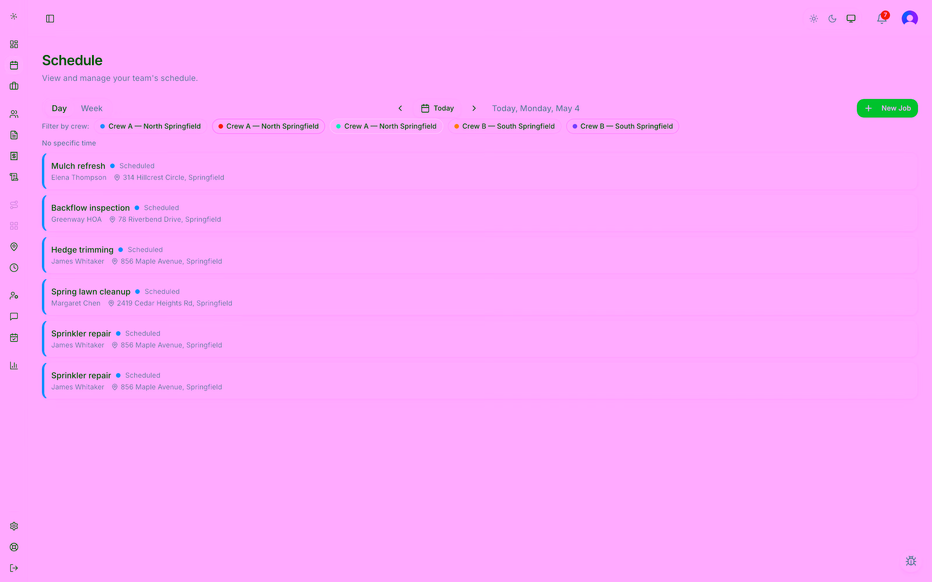 FieldSpoke schedule view rendering Monday through Friday with multi-crew assignments and time-blocked job cards.
