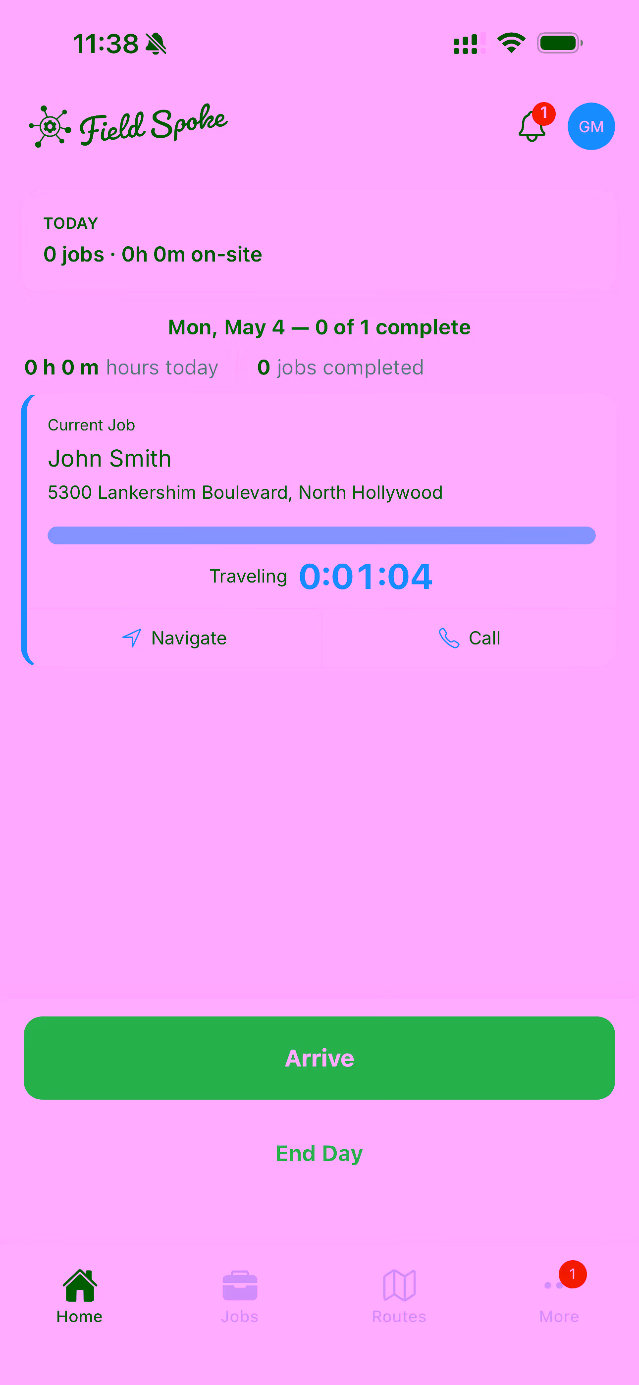 FieldSpoke mobile app showing the current job's traveling timer with a Navigate button one tap from the Apple Maps handoff.