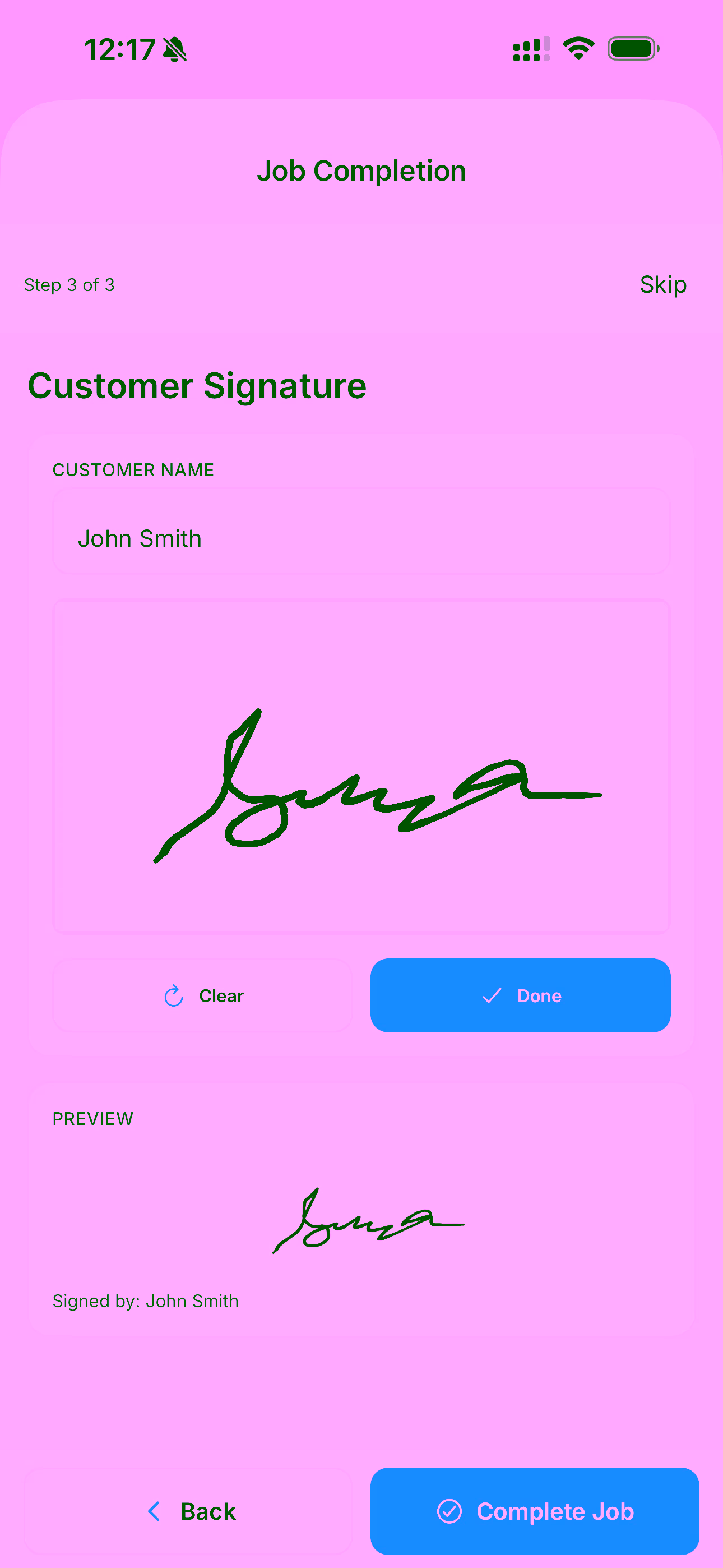 FieldSpoke mobile app capturing a customer signature on screen at job completion.