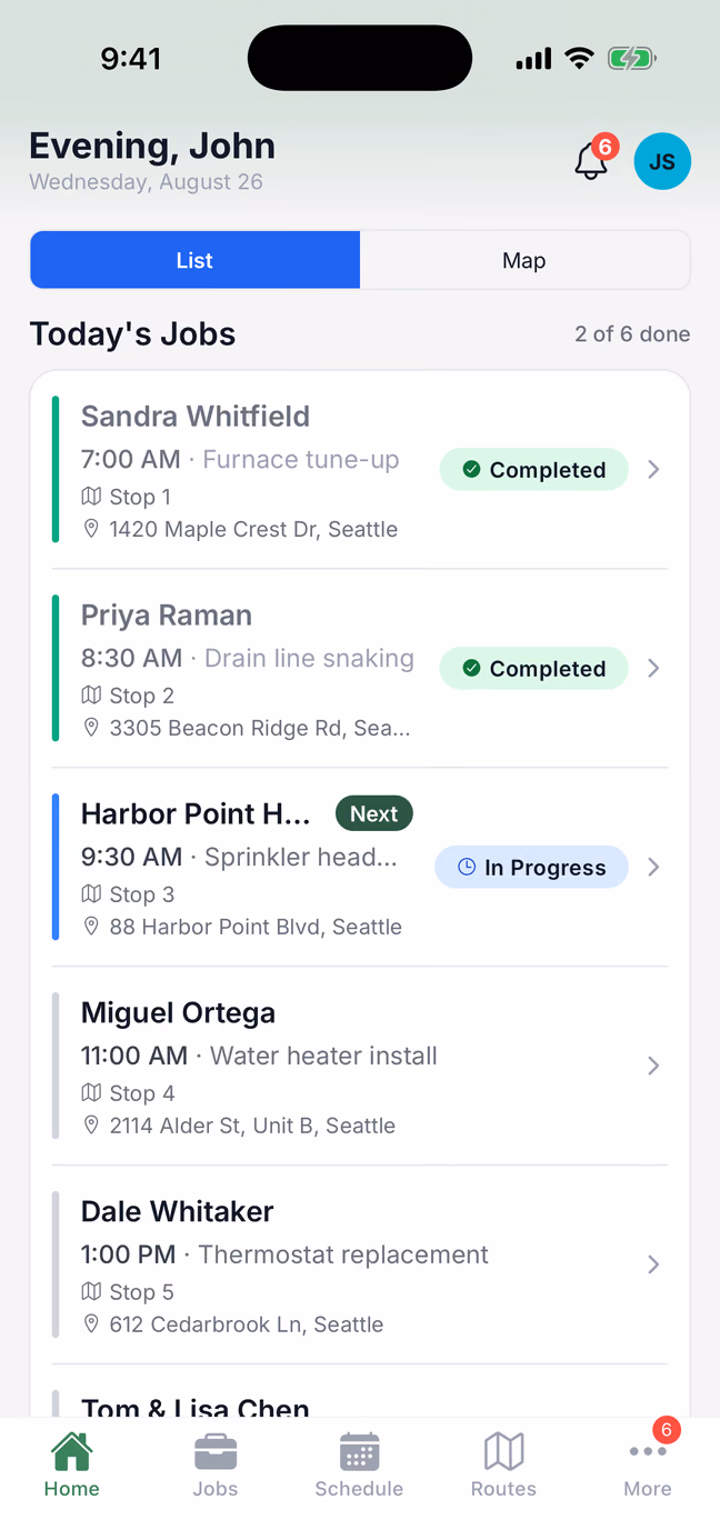 FieldSpoke mobile app technician home screen showing the day's assigned jobs in route order, the finished ones badged completed, the current one badged in progress, and the rest still upcoming.