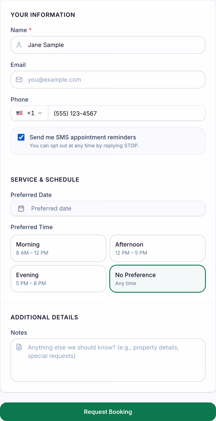 FieldSpoke public booking form showing the optional, unchecked-by-default 'Send me SMS appointment reminders' consent checkbox that appears once a customer enters a phone number.